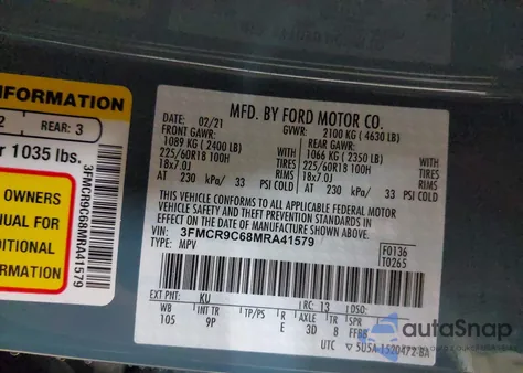 2021 Ford Bronco Sport Outer Banks z USA, uszkodzony, nr VIN 3FMCR9C68MRA41579